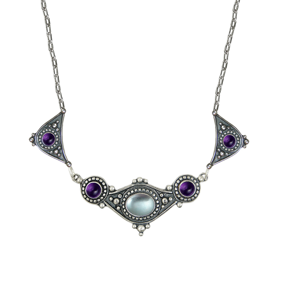 Sterling Silver Romantic Necklace With Blue Topaz And Amethyst